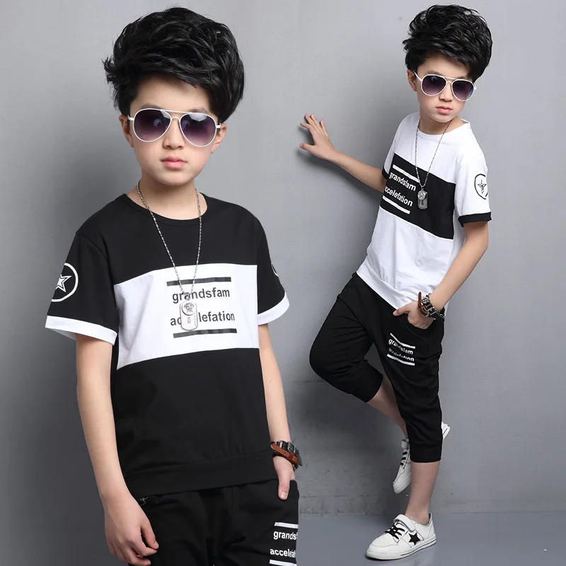 Teenage Kids Outfits for Boys Summer Cotton White Tops & Black Pants Suits Child T shirts Shorts