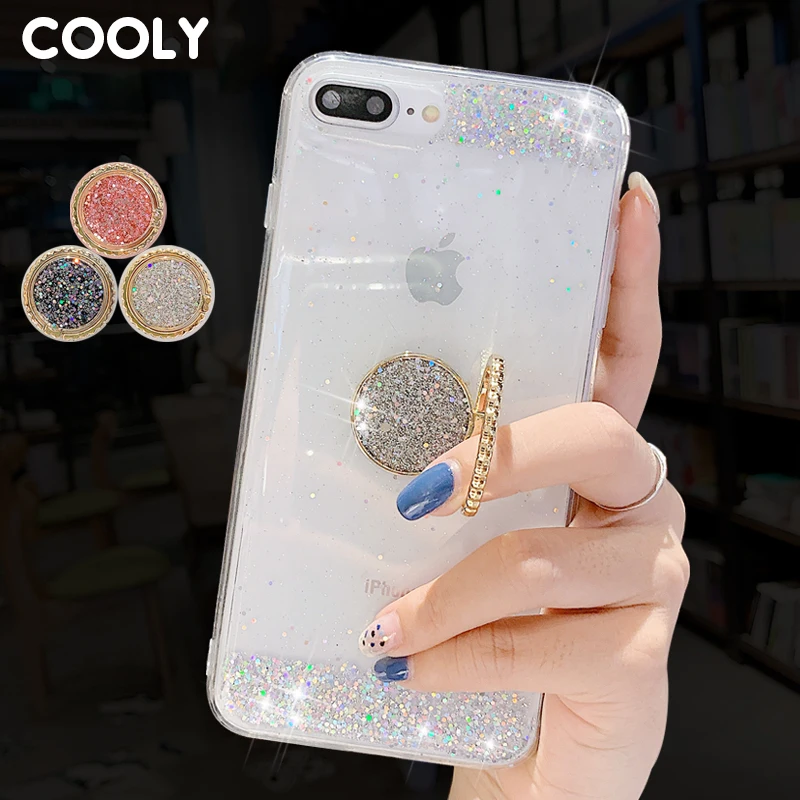 

COOLY Clear Glitter Case For iphone X 8 7 6 6S Plus XR XS MAX Cover Bling Shiny Soft Silicone TPU Phone Coque Ring Stand Holder