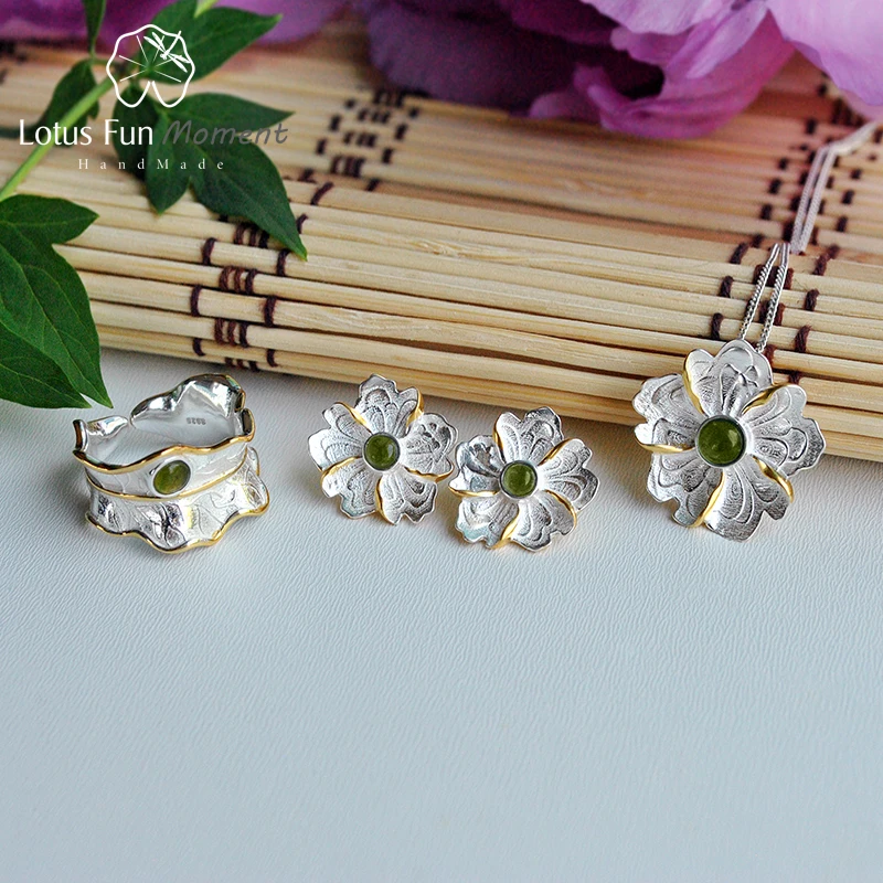 Lotus Fun реальные 925 серебро Натуральный камень ручной работы Fine Jewelry Пион цветок