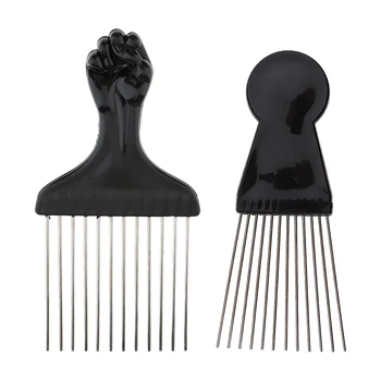 

2 Packs Plastic Handle Metal Lift Afro Hair Pick Comb Wide Teeth Anti-static Curly Hairbrush Fork Pick Comb Hair Styling Tools