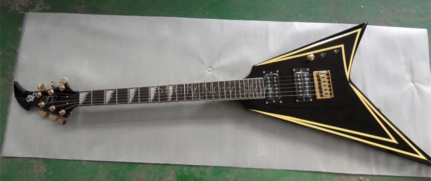 

Shelly new store factory custom black 6 strings V shape gold bridge shark inlay string through electric guitar