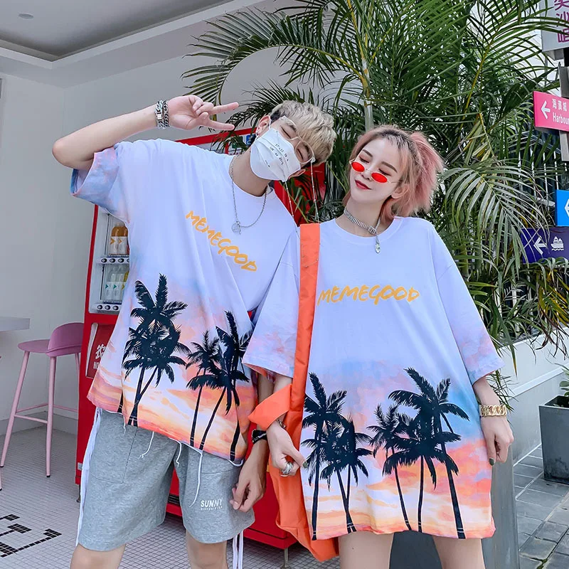

2019 Summer New Unisex Short Sleeve T-Shirt Coconut Tree Gradient Color Casual Round Collar Retro Tee Men's Top