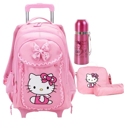 Free Shipping Hello Kitty Children School Bags Mochilas Kids Backpacks With Wheel Trolley Luggage For Girls backpack wholesale