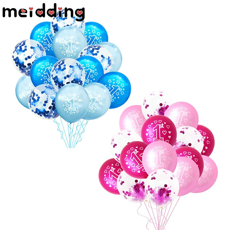 

MEIDDING 10pcs 1st Birthday Balloons Set Pink Transparent Confetti Latex Balloons for Boy Girl 1 Year Old Birthday Party Decor