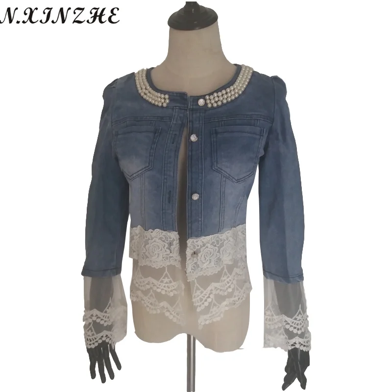 N.XINZHE Elegant floral lace denim jacket coat women Casual short basic jacket Beading Patchwork Slim jean jackets Plus size 3XL N.XINZHE Elegant floral lace denim jacket coat women Casual short basic jacket Beading Patchwork Slim jean jackets Plus size 3XL