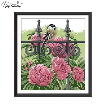

Joy Sunday Stamped Cross Stitch Kits Aida Fabric 14 11CT Bird on The Fence Printed Canvas DMC DIY Embroidery Kit Needlework Sets