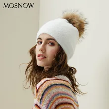 Новинка, модная женская шапка из меха енота, зимняя теплая шерстяная шапка с помпоном, вязаная шапка Skullies Beanies для девочек