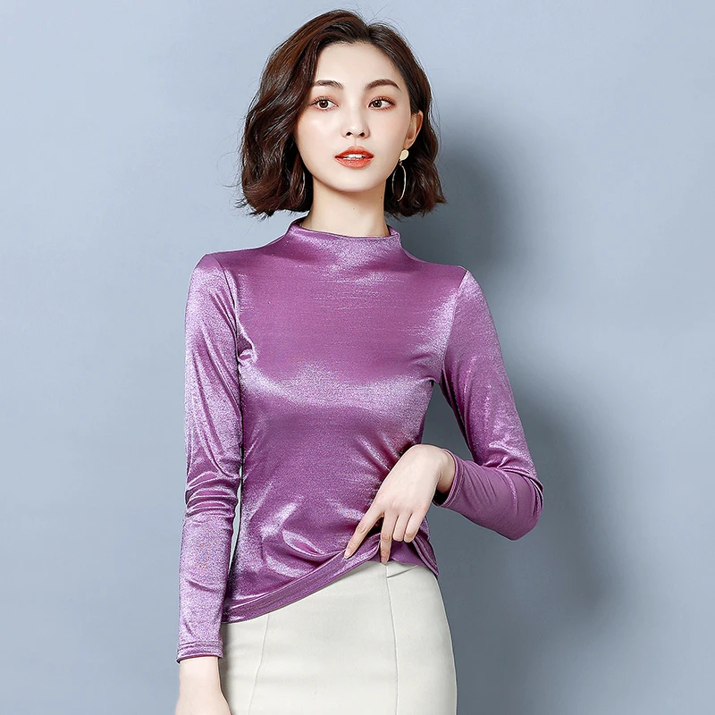 2019 new stand collar blouses and shirts elegant slim long sleeve knitted soft blouse women office ladies elastic plus size tops