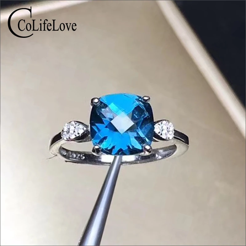 

VVS London Blue Topaz silver ring for party 8 mm * 8 mm real natural topaz silver engagement ring solid 925 silver topaz ring