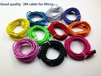 

500pcs/lot Braided Wire Micro USB Cable 3M 9ft Sync Nylon Woven 5pin V8 Charger Cords for Samsung Galaxy S7 S6 S5 S4 I9500 HTC