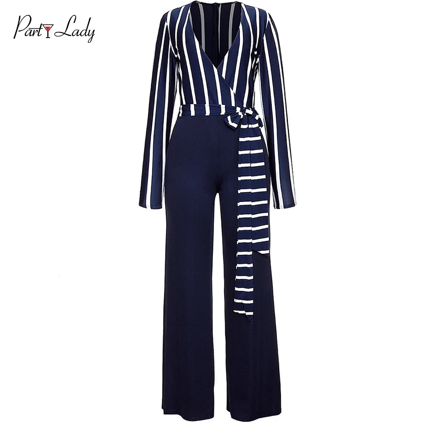 Party Lady Sexy Striped Jumpsuits For Women 2018 Deep V-neck Patchwork Full Sleeve Club Rompers Womens Jumpsuit Mix Color -C