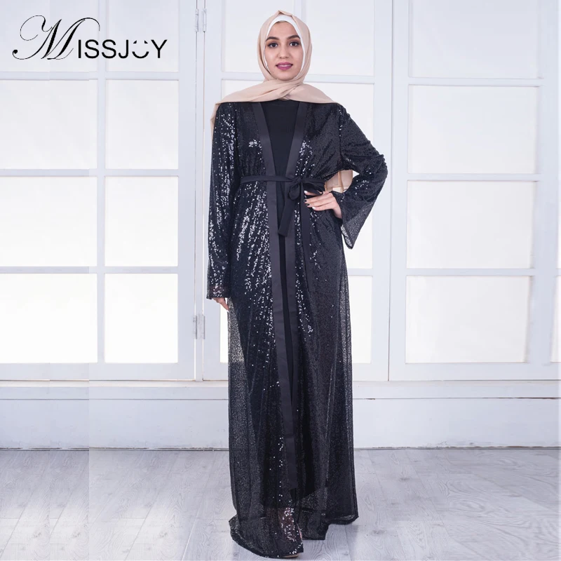 MISSJOY/платье с пайетками abaya, Дубай, Исламские мусульманские Вечерние платья, арабское женское черное модное кимоно с открытым передом, длинное платье-кардиган макси