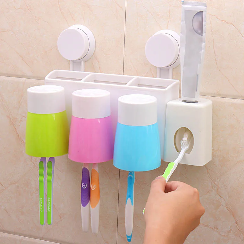 

Toothbrush Holder Storage Set Wall Mounted Toothpaste Dispenser With Cups Bathroom Accessories QP2