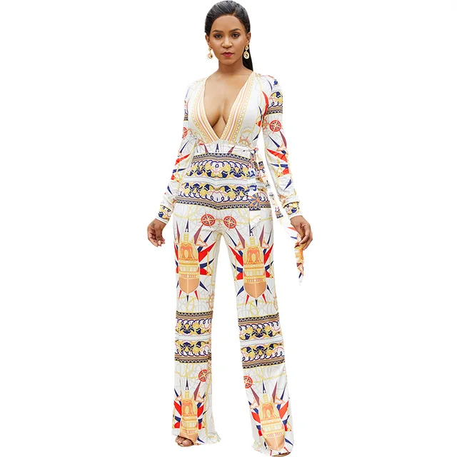 Women Sexy Jumpsuit Vintage Ethnic Printed Deep V neck Long Sleeves