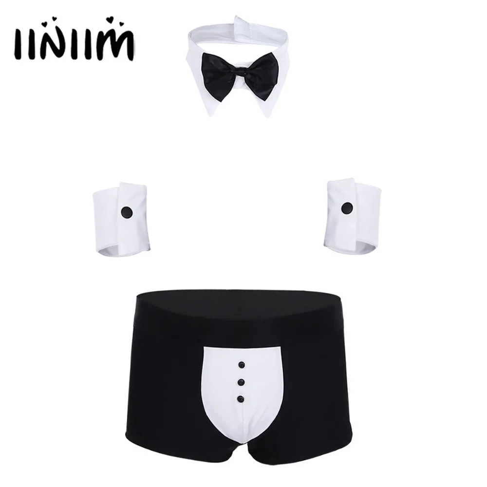 

3Pcs Mens Butler Waiter Tuxedo Lingerie Suit Bowknot Cute Boxer Shorts Role Play Underwear Men with Bow Tie Collar Bracelets