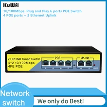 KuWFi 4 порта PoE коммутатор, 2 порта Uplink, питание по Ethernet 802.3af/at 78 W, неуправляемый металлический умный настольный сетевой переключатель