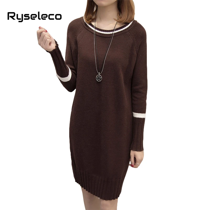 Kopen Vintage Lange Mouwen Straight Trui Jurken Vrouwen Winter Knie Lengte Losse Plus size Panelen Casual Basic Gebreide Tuniek Jurken