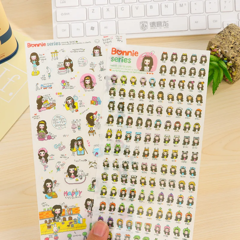 6 Sheets Set Lovely Korea Stationery Cartoon Long Hair Girl Sticker