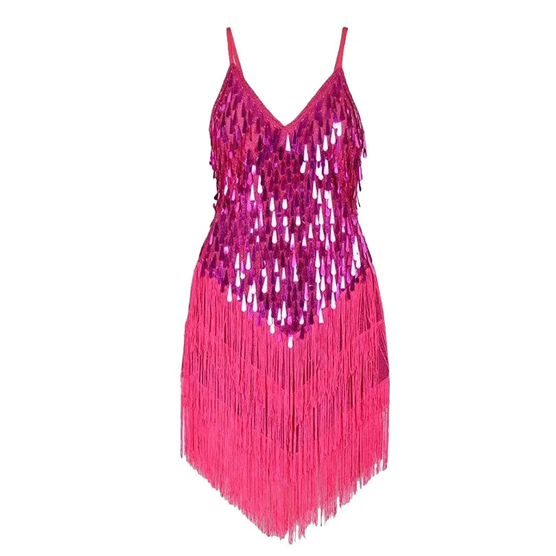 Женские сексуальные костюмы для латинских танцев 1920s Great Gatsby Flapper вечерние платья кисточки бахрома платья с блестками балетные танцевальные представления - Цвет: Rose Pink