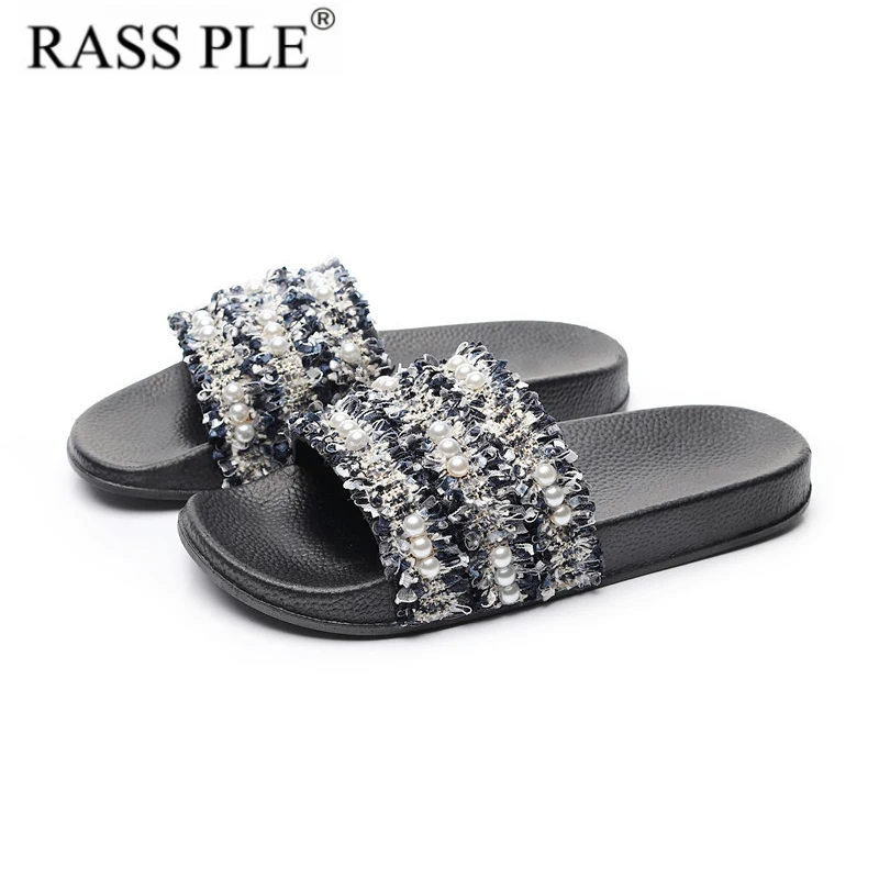 

RASS PLE New Fashion 2019 Women Summer Flip Flop Shoes Sliders Pearl Sandals Ladies Slip On Slippers Mules Comfy Beach Shoes