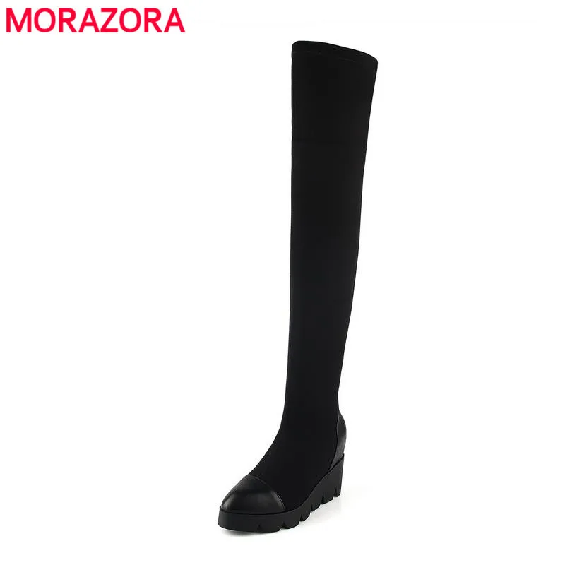 ФОТО Slip on height increasing sexy plain pointed toe over the knee boots Import nanometer high elastic fabric winter women shoes
