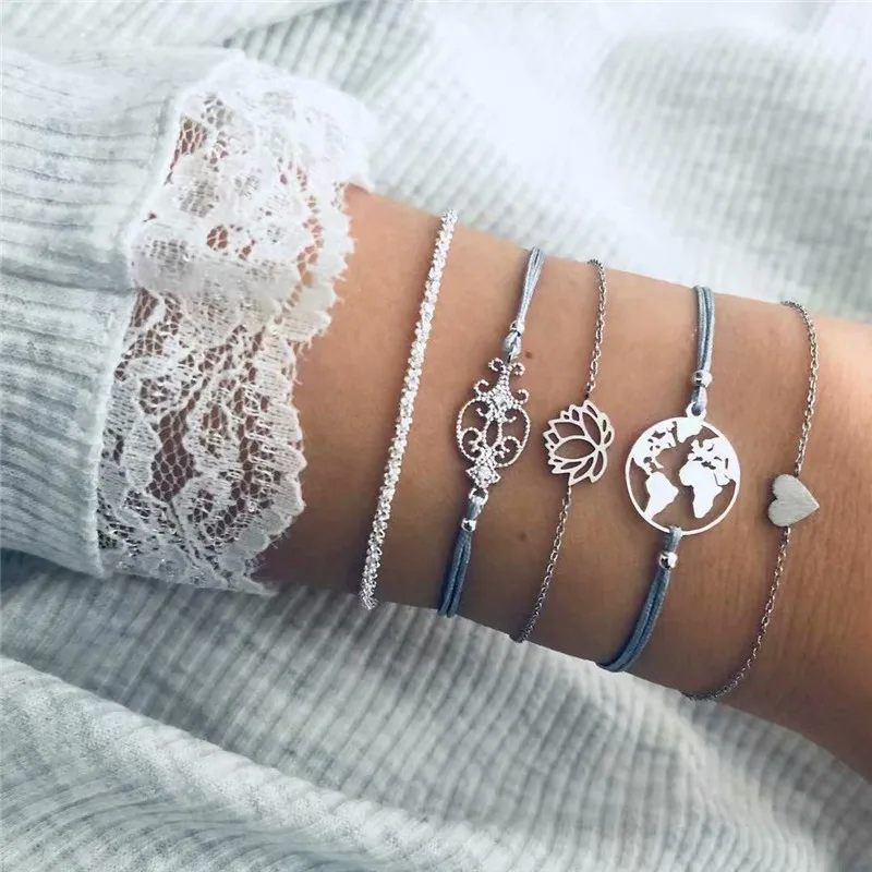 

5pcs/set Vintage Simple Silver Color Heart Lotus Bracelet for Women Flower Chain Rope Bracelets Bangles Sets Boho Jewelry