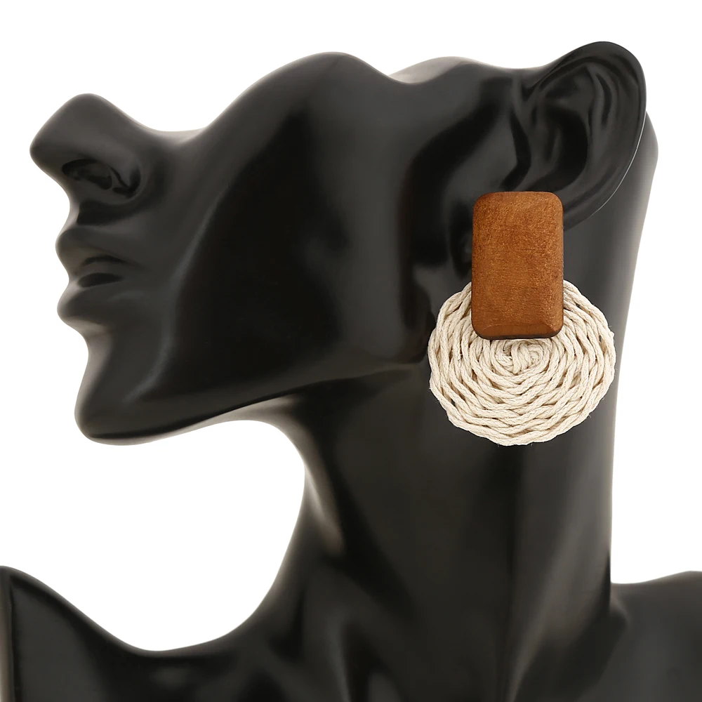 YAOLOGE New Handmade Wooden Straw Weave Rattan Earring Brown Vine Braid Geometric Round Drop Earrings For Women Jewelry 2019