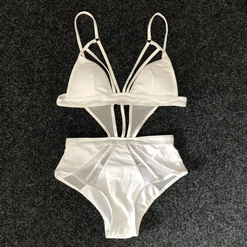

Female One Piece Swimming Wear Trikinis 2019 Mujer Push Up High Waist Mesh Patchwork Bathing Suit Halter Bikinis Pads Hollow Out