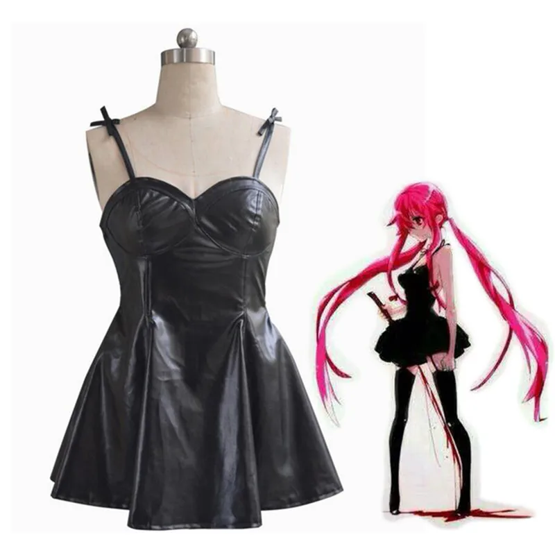 

Cosplay Costume Anime The Future Diary Gasai Yuno Black PU Leather Dress Mirai Nikki Braces Skirt Performance Wig Drop Shipping