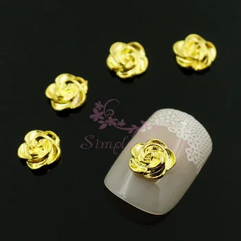 

100pcs/lot 7MM Rose Flower Camellia Design 3D Gold Plated Metal Nail Art Alloy Charms Jewelry Making Findings Decorations Supply