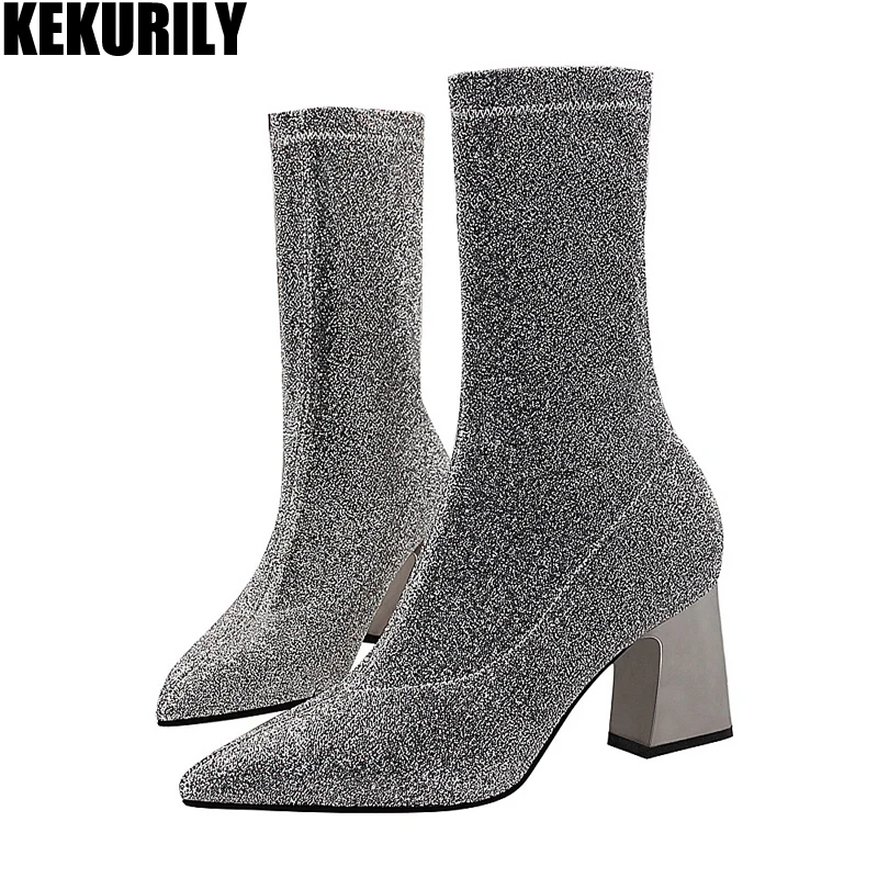 

Woman Winter Slip on Sock boots Fashion Bling Pointed Toe Ankle Boot Metal Heels Shoes for Women zapatos de mujer Gray Black