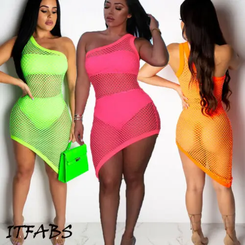 

One Shoulder Women's Loose Sexy Fishnet Hollow Out Summer Dresses Bikini Cover Up Beachwear Swimwear Sundress Beach Dress