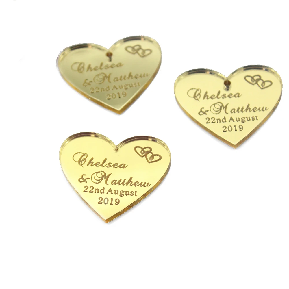 

100pcs Personalized Engraved Acrylic Mirror Wedding Tags Mini Logo Tag Love Heart Shape Tags With Jute Ribbon Decor Favors