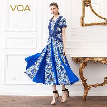 

VOA Heavy Silk Dresses Long Swing Dress V Neck Print Boho Women Plus Size 5XL Short Sleeve Slim Tunic Blue Summer Casual A525