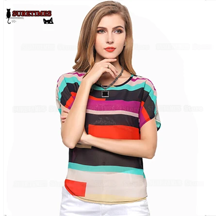

2019 Summer Ladies Striped Top Chiffon Shirts Blouse Women Sheer Cheap Clothes China Femininas Camisas Clothing Female Plus 3XL