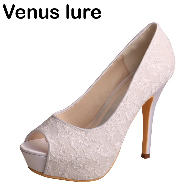 Wedopus White Lace Heels for Women Open Toe Ivory High Heel Platform