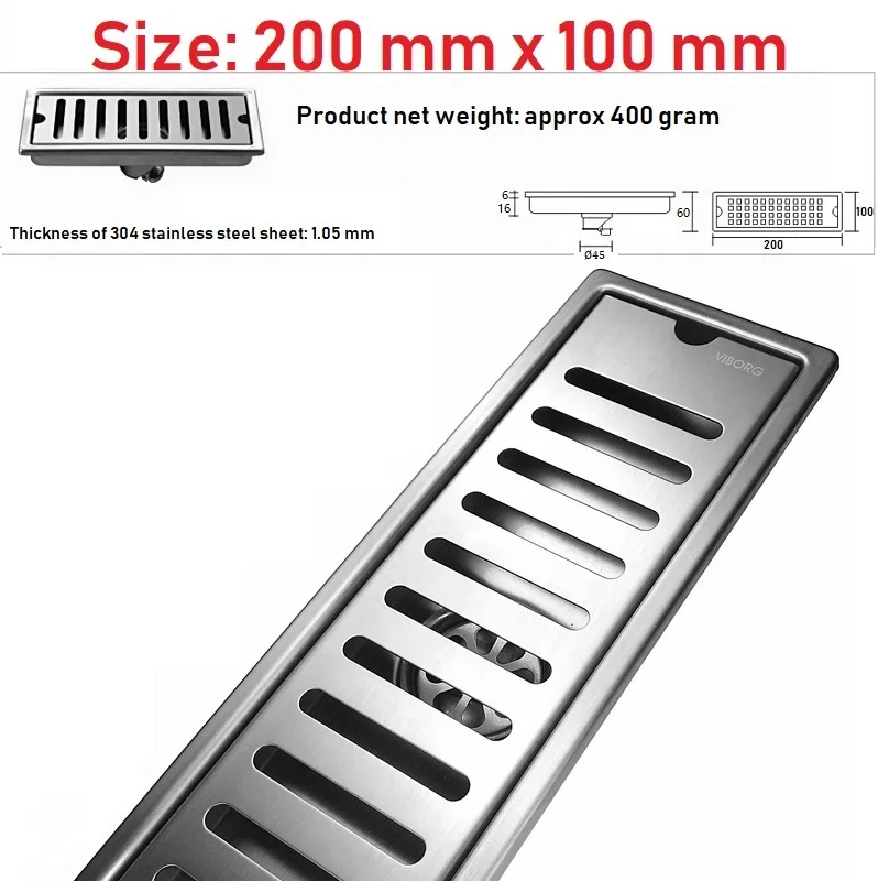 

VIBORG 200mm x 100mm Deluxe 304 Stainless Steel Extra-thick Rectangular Bathroom Shower Linear Floor Drain Drainage Stainer