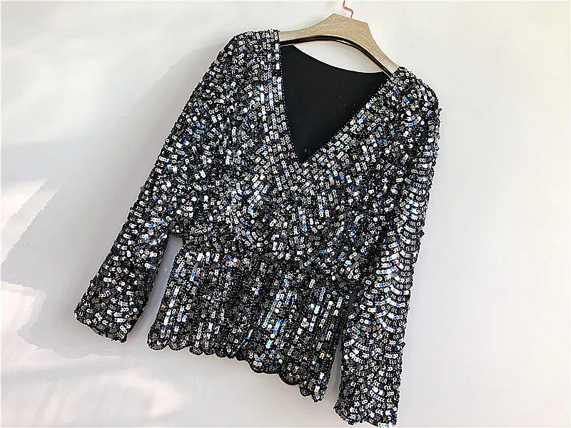 Colors Ruffles Sequined Beading Women Luxury  Fashion V-neck Batwing Sleeve Pullovers Blouse Top 23