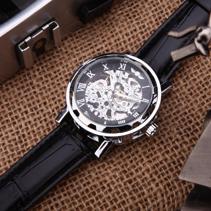 Men Watches Winner Luxury Mechanical Hand wind Skeleton black gold blue color leather band