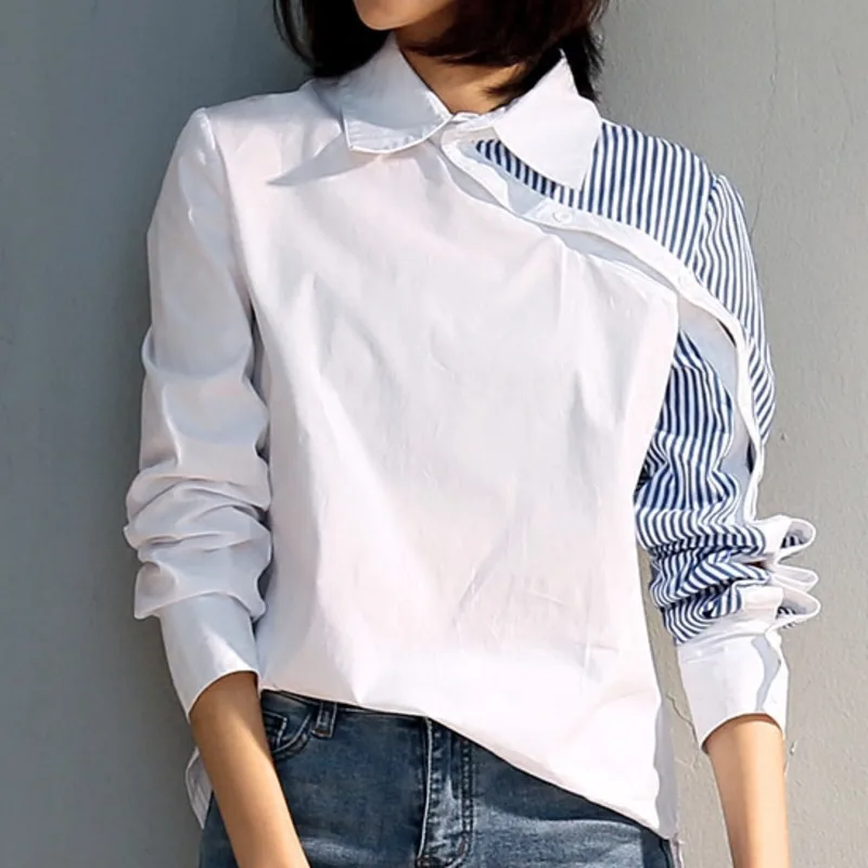Vente LANMREM Mode Spliced Stripe Turn down Collar Pleine Manches Blouse Personnalité Asymétrique d été Femmes Chemise Vêtements BC845