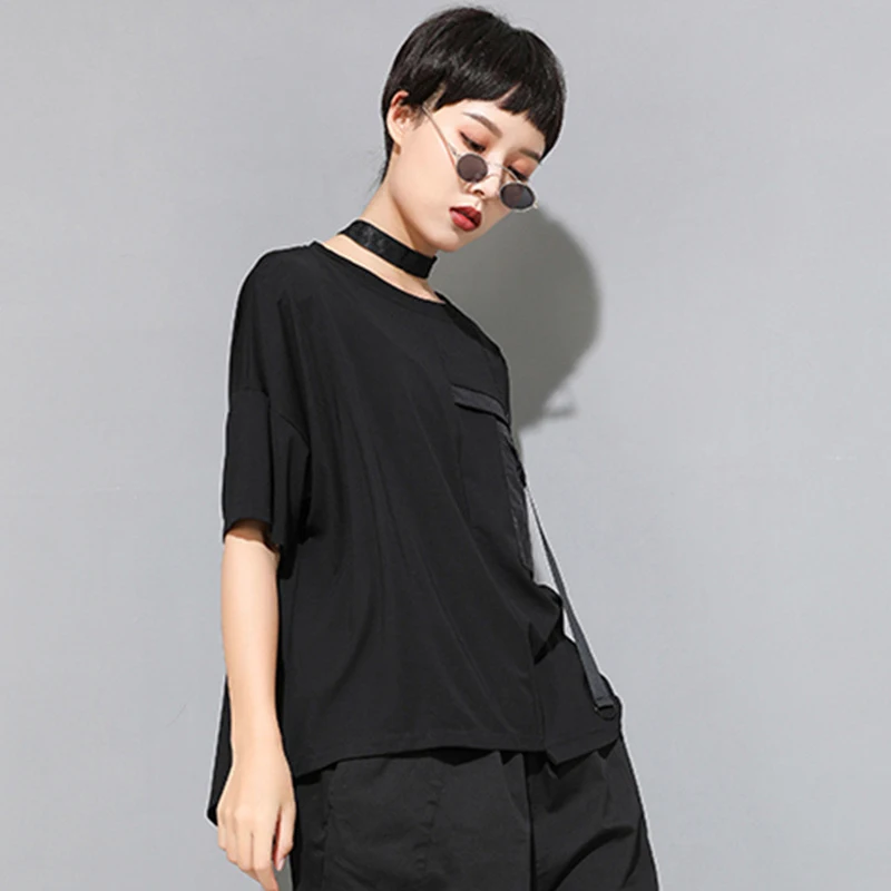 [EAM] Женская Черная футболка контрастного цвета с карманами большого размера, новая модная футболка с круглым вырезом и рукавом средней длины, весна-осень JW996