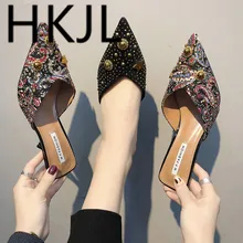 HKJL New women's shoes for spring 2019 with pointed stilettos, midriff-toe slippers, and stylish water-drill rivet loafers A383 stylish women s slippers with pointed toe and solid colour design