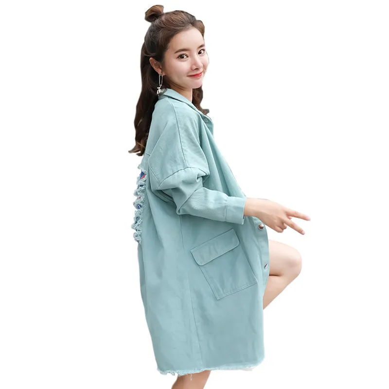 

Print Hole Long Jeans Coat Women Spring Autumn Harajuku Full Sleeve Windbreaker Lady 2019 Fashion Casual Loose Denim Jacket