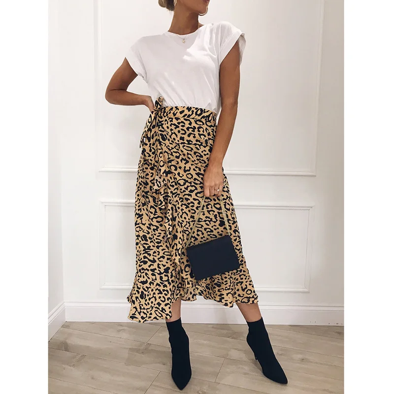 

Leopard Printed 2019 Women Ruffle Split Skirt Lace Up Wrap Aysmmetric Midi High Waist Skirt Jupe mujer Bodycon Femininas