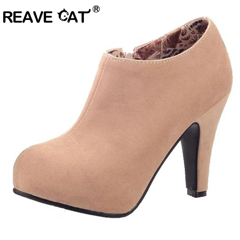 REAVE CAT/Большие размеры 32-45; женские ботильоны из искусственной замши; осенне-весенняя обувь; Каблук 10 см; на молнии; цвет черный, абрикосовый, синий; дизайнерская обувь; QL4259