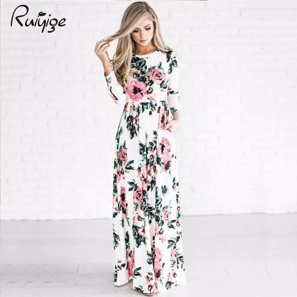 Summer Dress 2017 Women Printed Long Boho Beach O-neck Three Quarter Sleeve Empire Flower Floor-length Maxi Dress Floral Robe long-floral-maxi : image Summer Dress 2017 Women Printed Long Boho Beach O-neck Three Quarter Sleeve Empire Flower Floor-length Maxi Dress Floral Robe long-floral-maxi