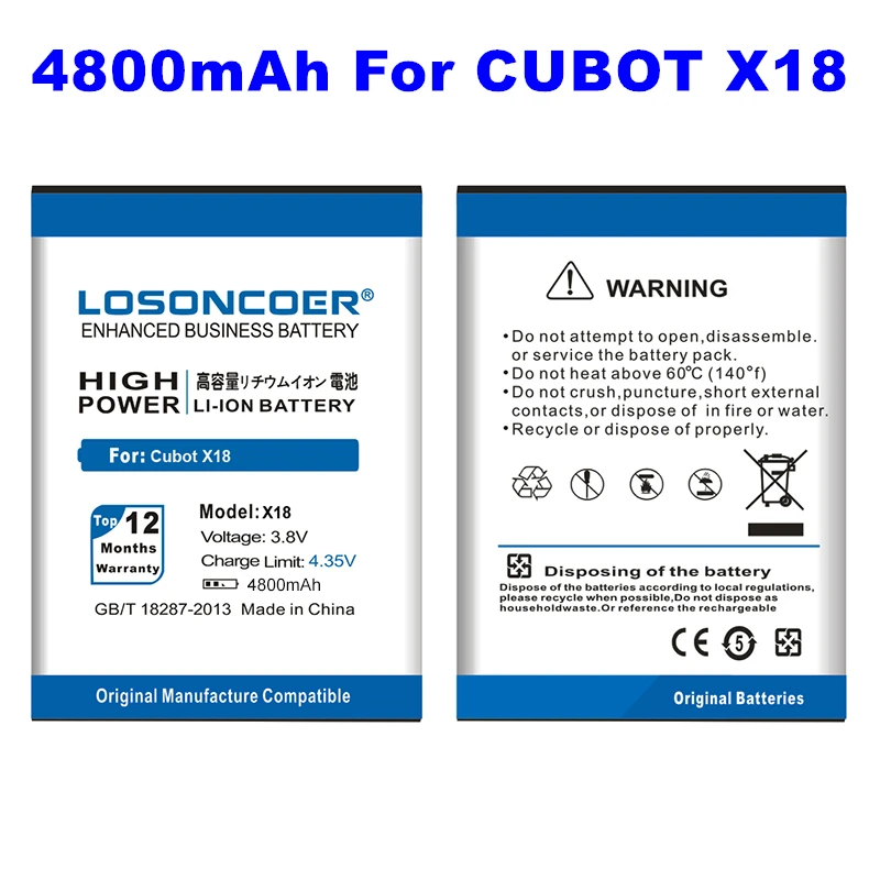 

LOSONCOER 100% New High Quality Smart Phone Rechargeable Battery For Cubot X18 4800mAh Battery X18