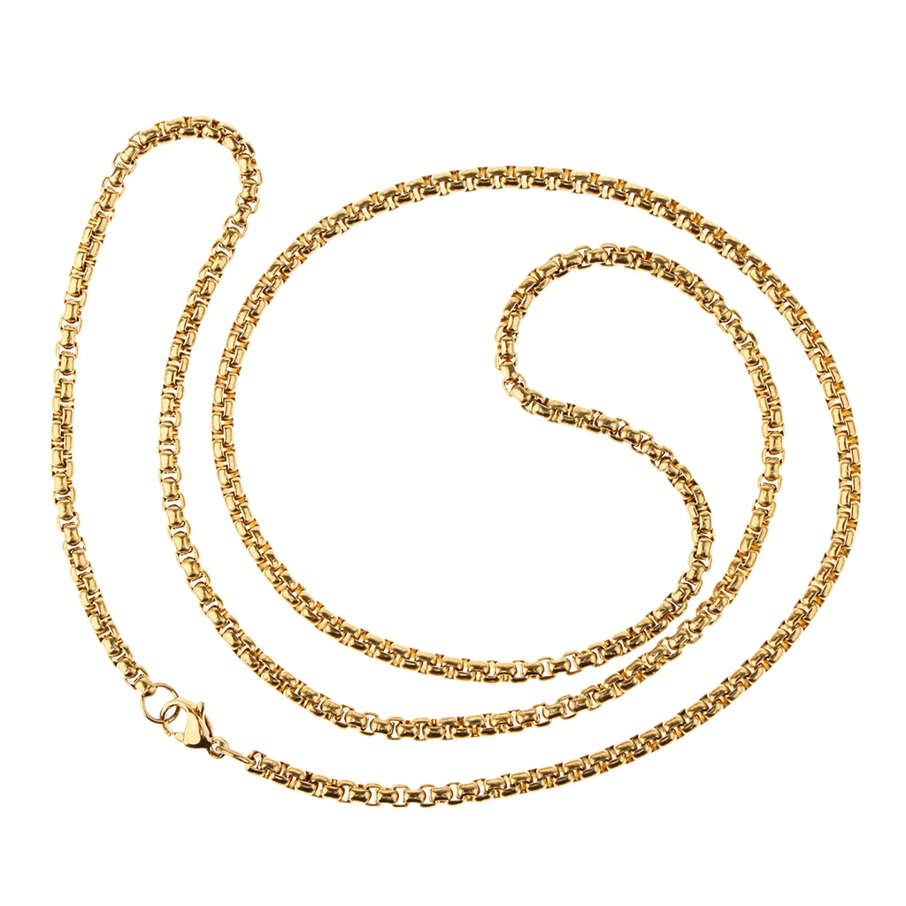 Gold Stainless Steel Round Curb Cable Box Link Chain Necklace with Lobster Claw Clasp for Women Ladies