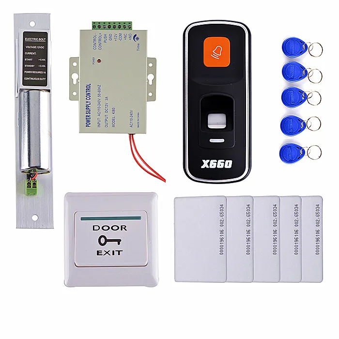 

5 FobKey+5 RFID Key Card +DIY Fingerprint 125KHz RFID ID Card Reader Door Access Control System Kit +Power Supply