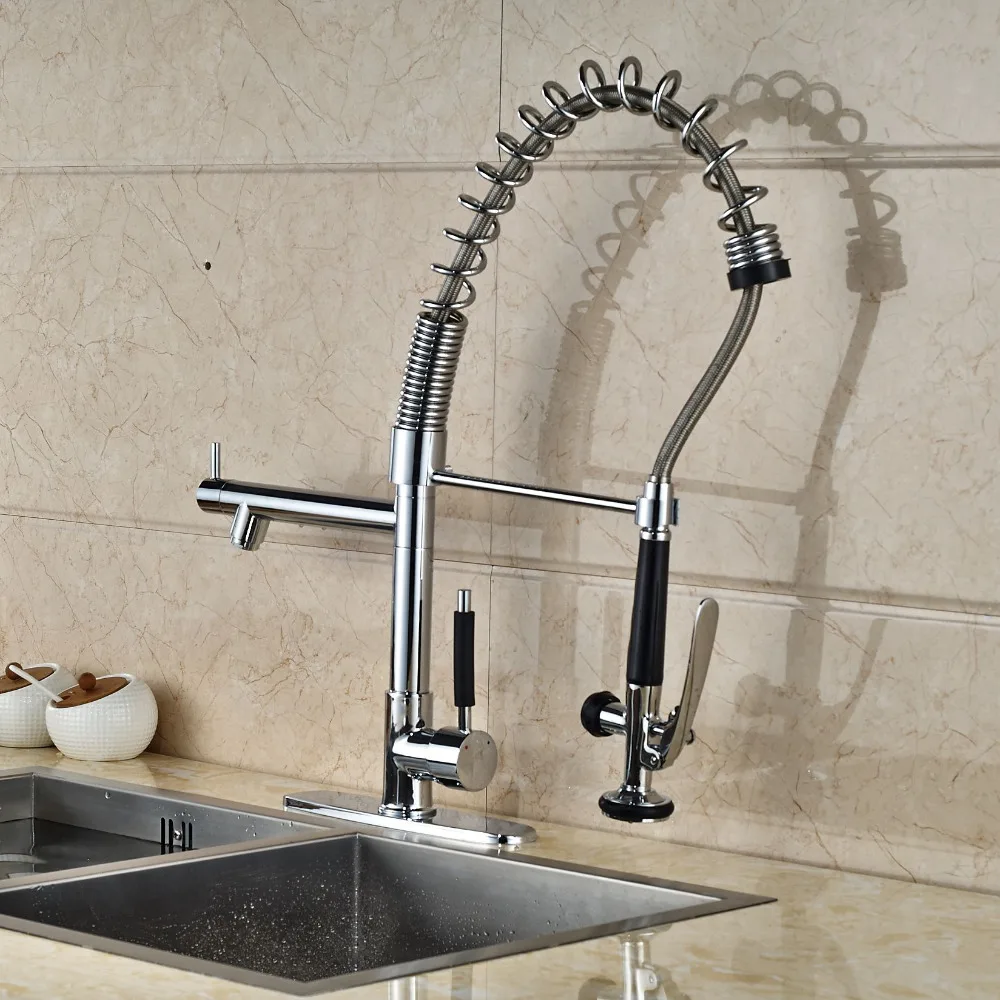 Luxury Solid Brass Kitchen Faucet Dual Spouts Vessel Sink Mixer Tap with 8 Plate